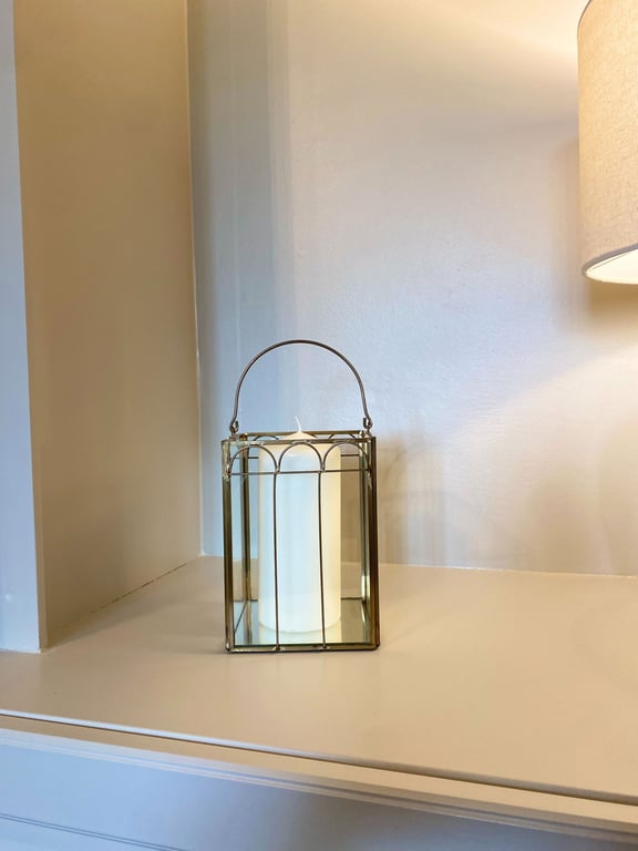 Antique Gold Mirrored Candle Lantern with Glass Panels - Indoor/Outdoor Decor