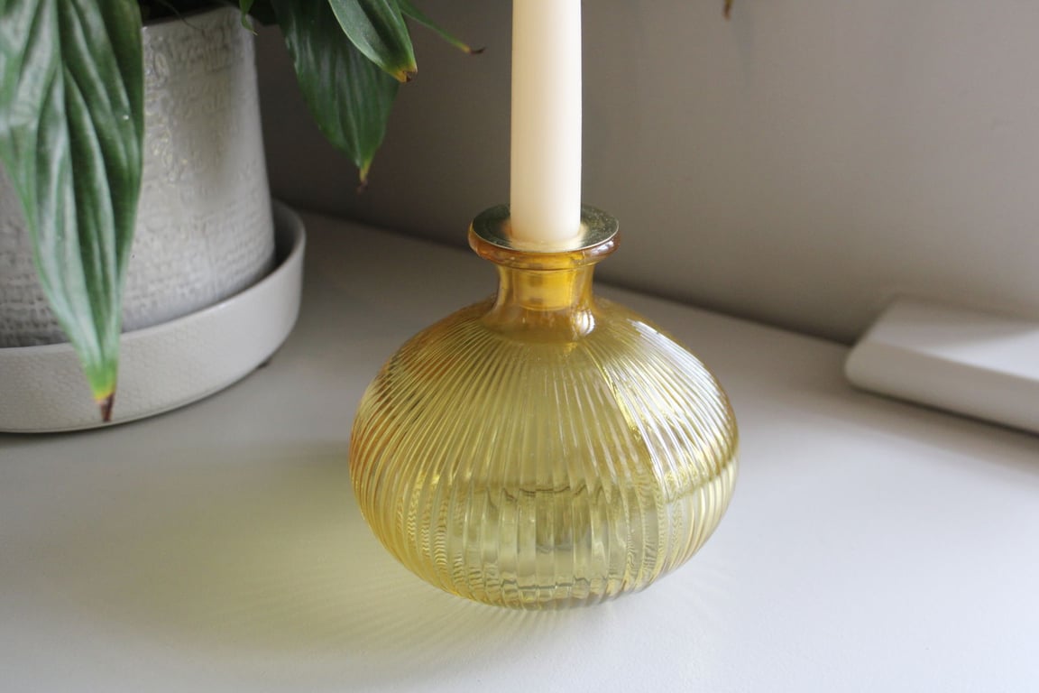 Yellow Ribbed Glass Candle Holder with Antique Gold Rim Detailing