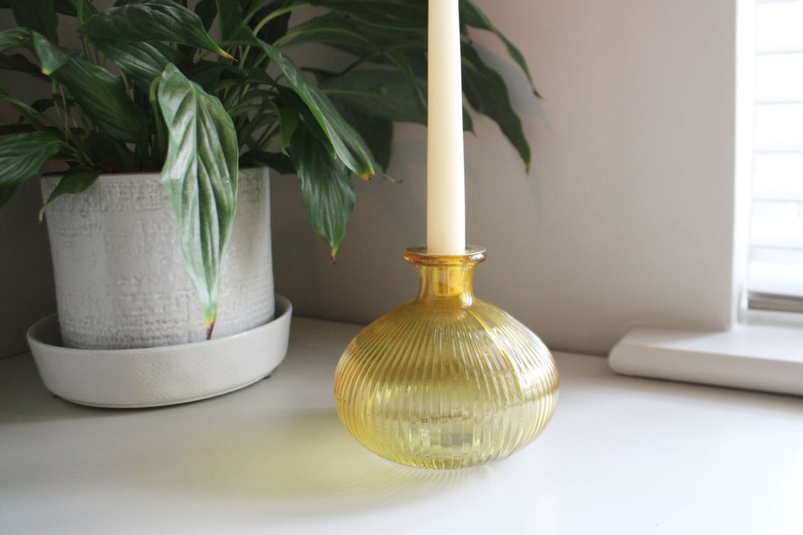 Yellow Ribbed Glass Candle Holder with Antique Gold Rim Detailing