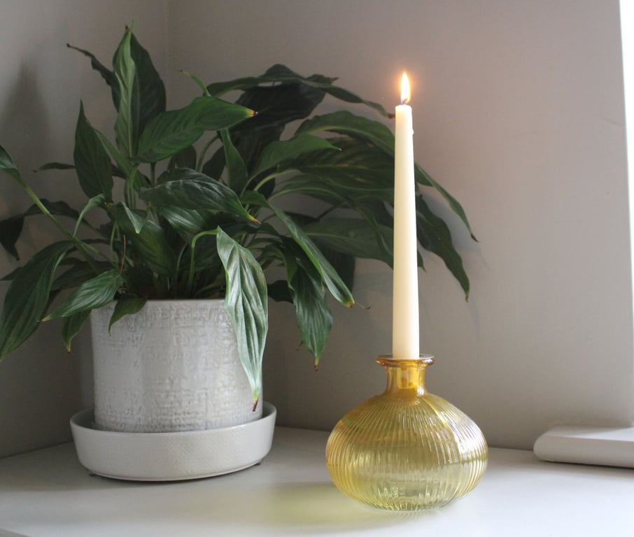 Yellow Ribbed Glass Candle Holder with Antique Gold Rim Detailing