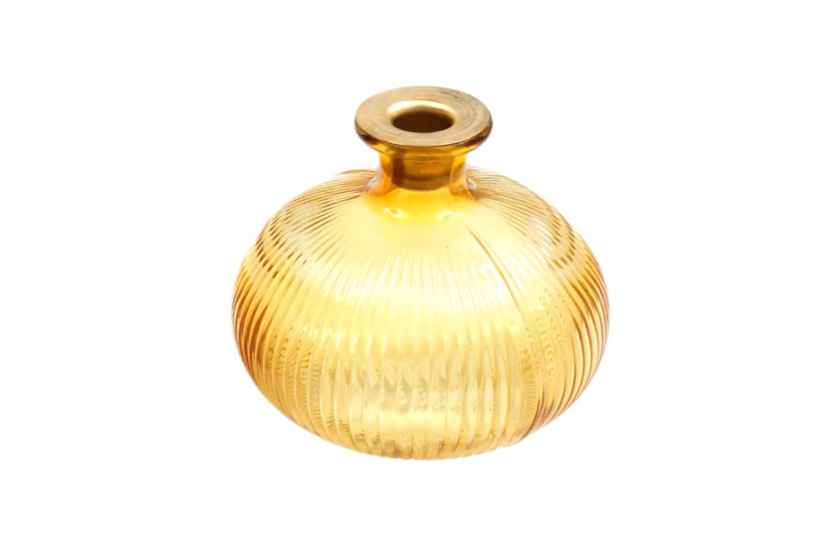 Yellow Ribbed Glass Candle Holder with Antique Gold Rim Detailing