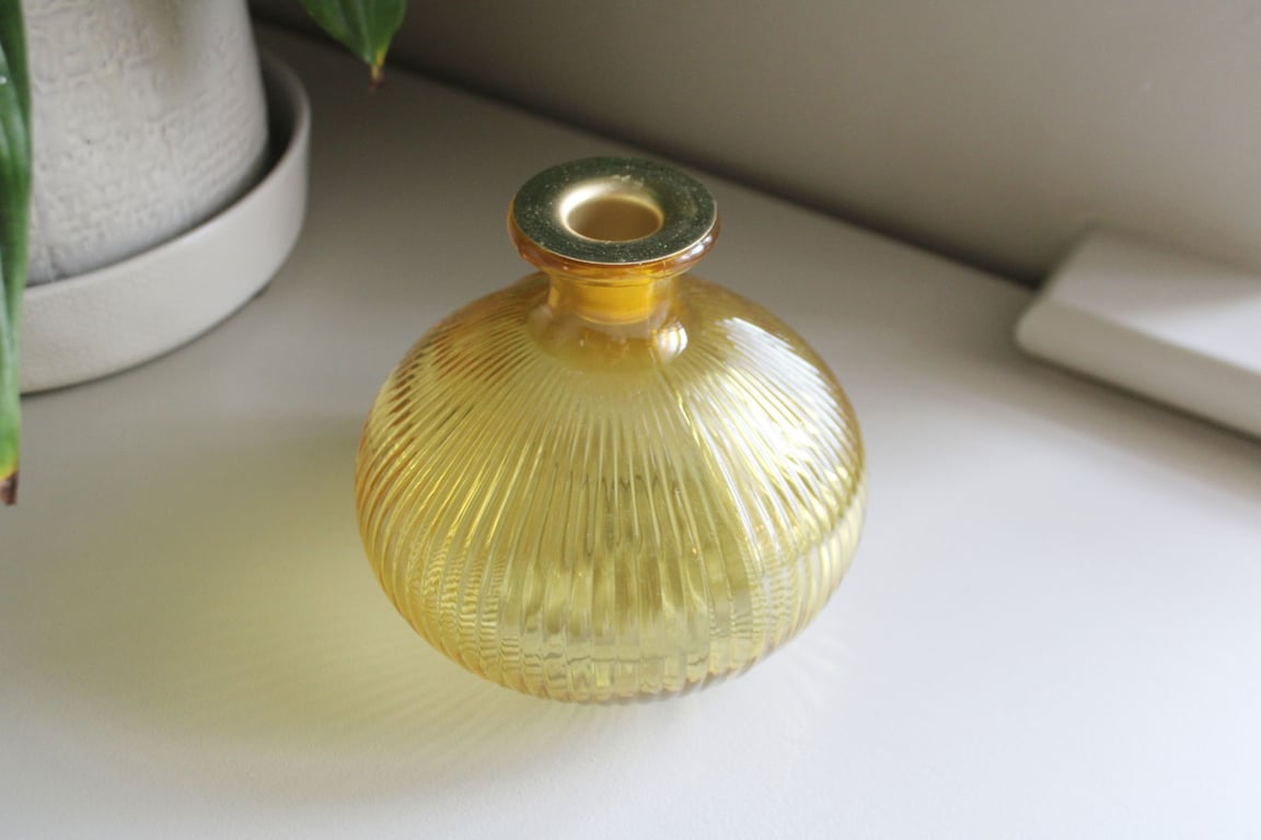 Yellow Ribbed Glass Candle Holder with Antique Gold Rim Detailing