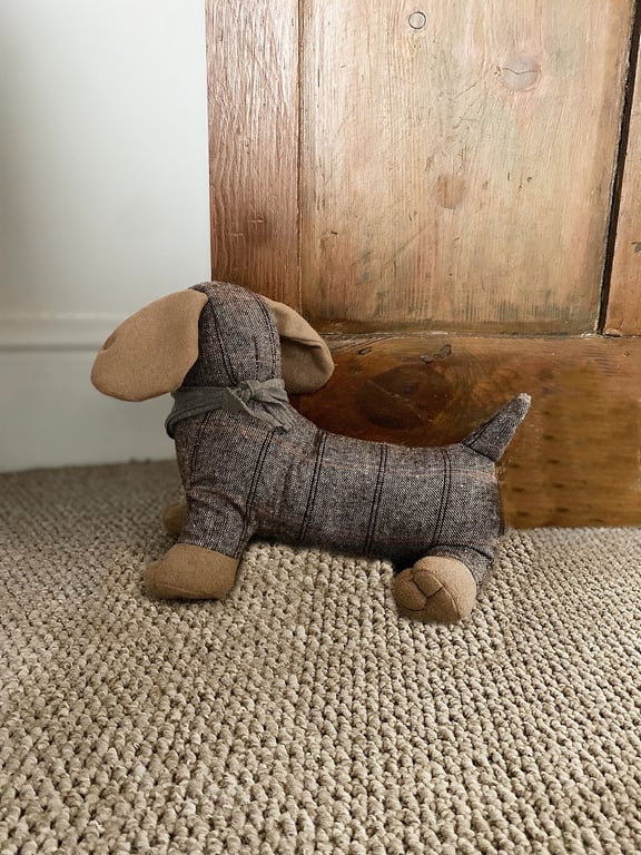Tartan Fabric Sausage Dog Doorstop with Grey Bandana - Weighted Home Decor Door Stop