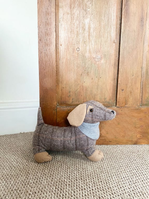 Tartan Fabric Sausage Dog Doorstop with Grey Bandana - Weighted Home Decor Door Stop