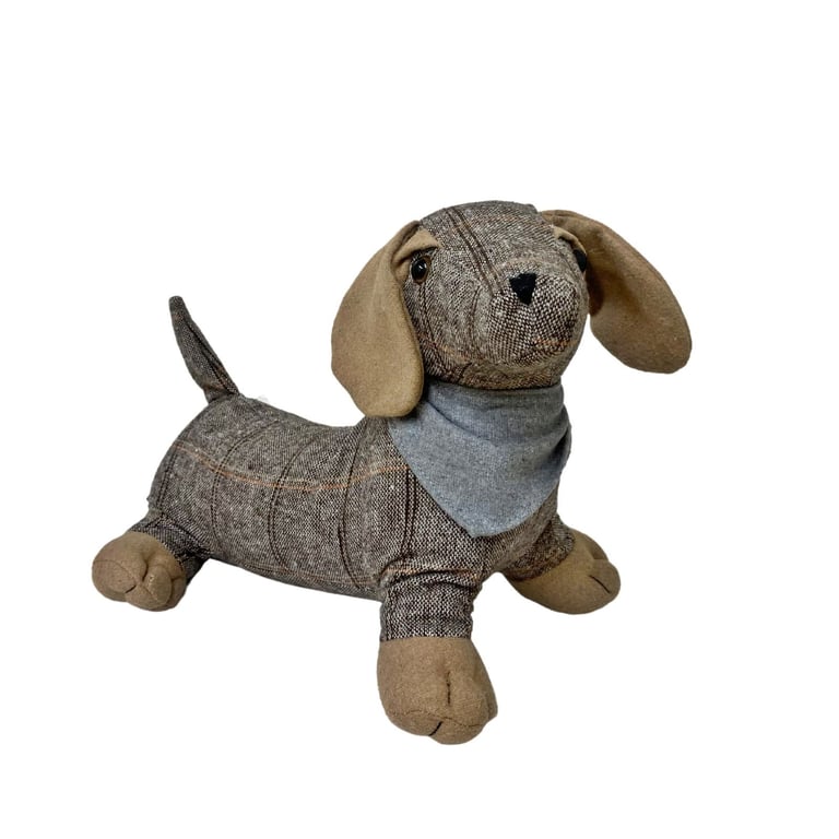 Tartan Fabric Sausage Dog Doorstop with Grey Bandana - Weighted Home Decor Door Stop