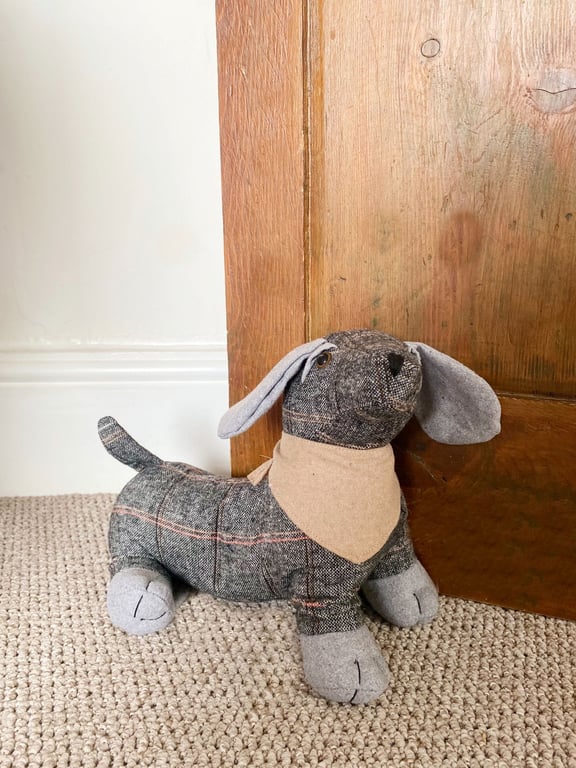 Tartan Fabric Sausage Dog Doorstop with Natural Bandana and Weighted Base