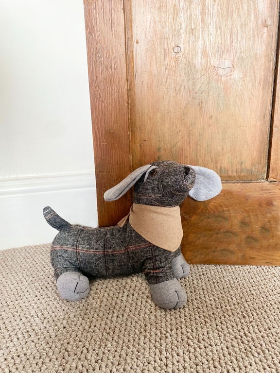 Tartan Fabric Sausage Dog Doorstop with Natural Bandana and Weighted Base