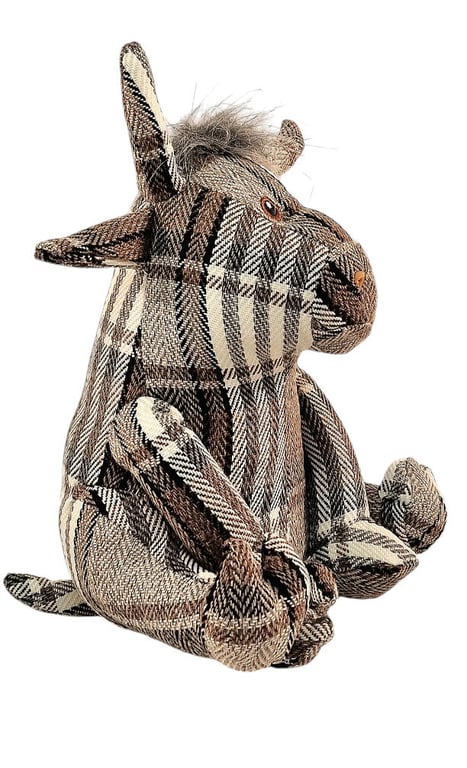 Grey Fabric Tartan Bull Doorstop with Fluffy Hair for Home Decor