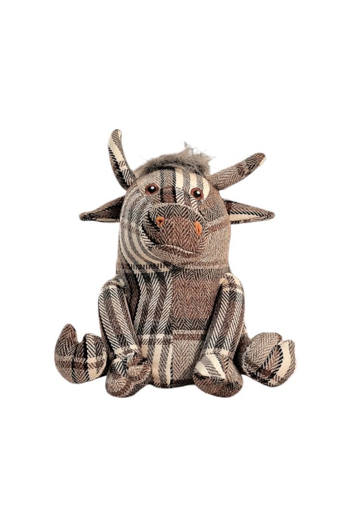 Grey Fabric Tartan Bull Doorstop with Fluffy Hair for Home Decor