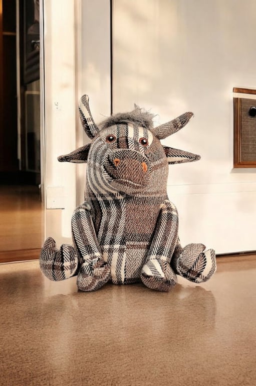 Grey Fabric Tartan Bull Doorstop with Fluffy Hair for Home Decor