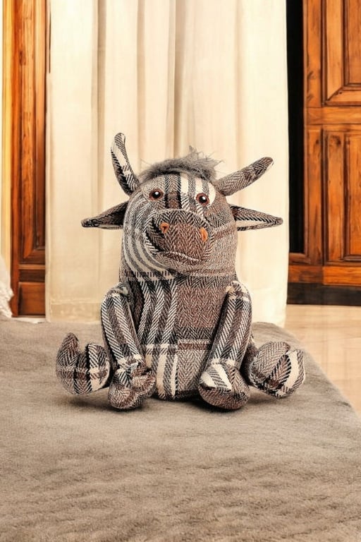 Grey Fabric Tartan Bull Doorstop with Fluffy Hair for Home Decor