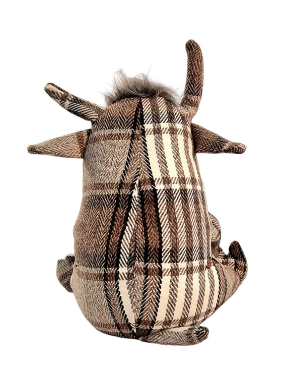 Grey Fabric Tartan Bull Doorstop with Fluffy Hair for Home Decor