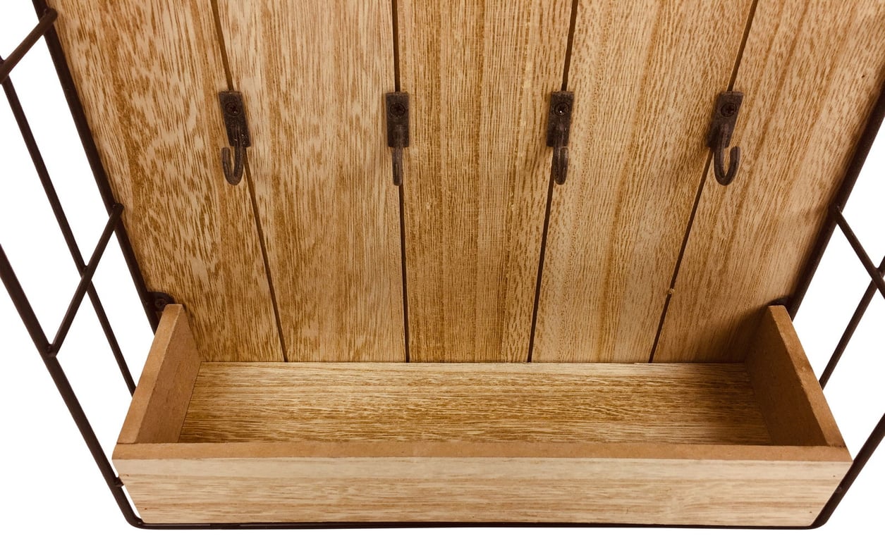 Wood & Wire Key Storage Unit - 8 Metal Hooks Shelf Wall Mountable Organizer