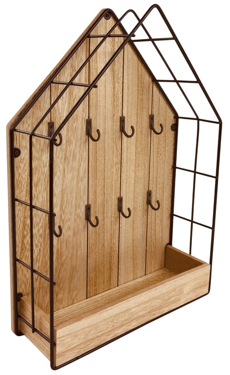 Wood & Wire Key Storage Unit - 8 Metal Hooks Shelf Wall Mountable Organizer