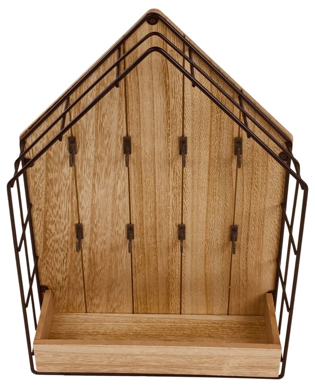 Wood & Wire Key Storage Unit - 8 Metal Hooks Shelf Wall Mountable Organizer