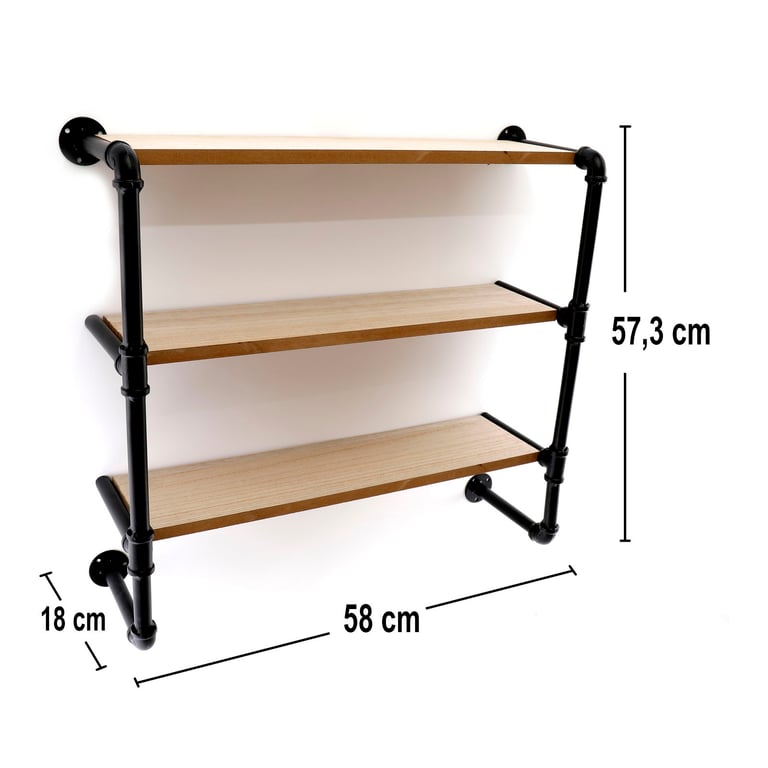 Black Pipe & Wooden Shelves 58cm Industrial Shelving Unit