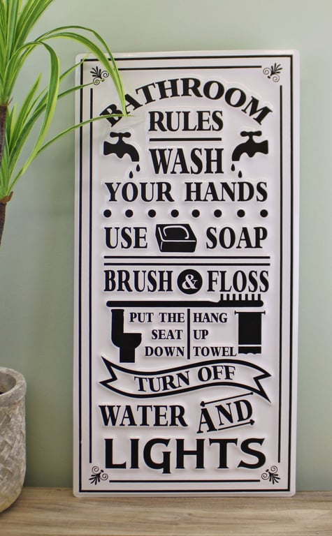 Iron Bathroom Decor - Metal Wall Hanging Plaque with Soap and Towel Rules
