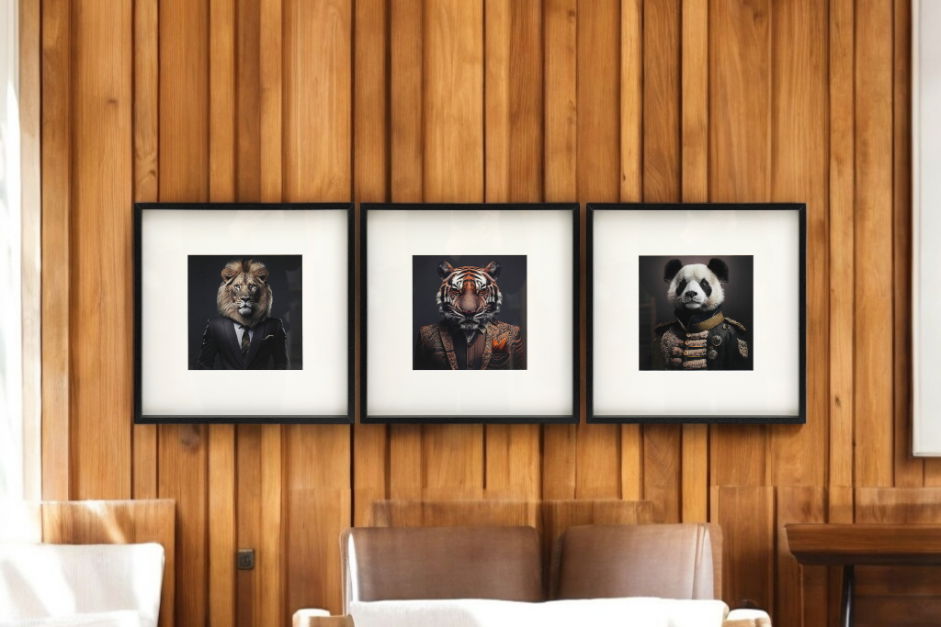 Jungle Animal Head Prints - Set of 3 Wooden Framed Artwork