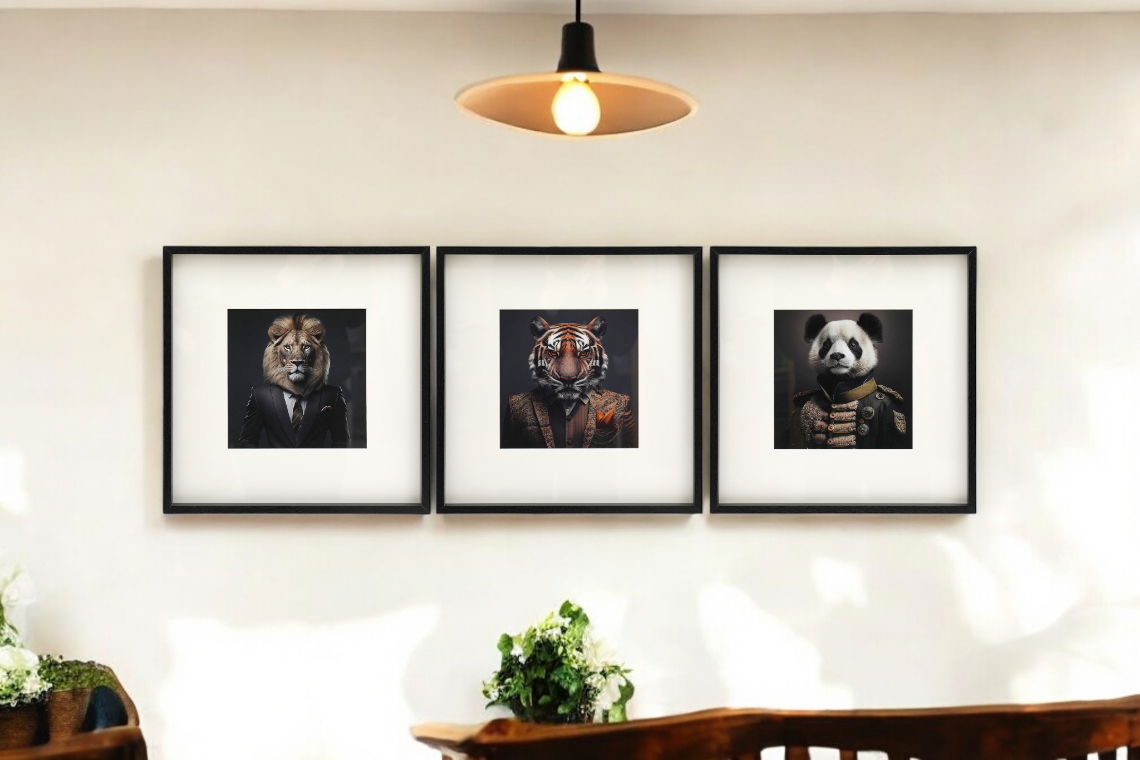 Jungle Animal Head Prints - Set of 3 Wooden Framed Artwork