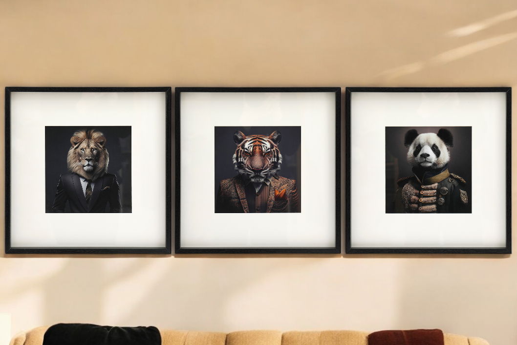 Jungle Animal Head Prints - Set of 3 Wooden Framed Artwork