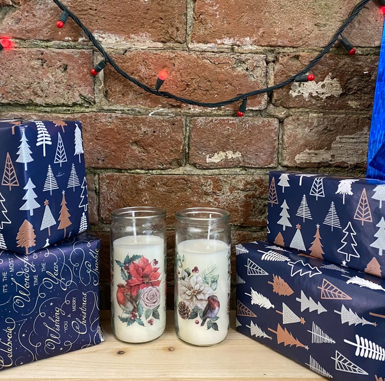 Botanical Glass Jar Candles - Set of 2 Festive White Cinnamon and Spice Scented Candles, 14cm