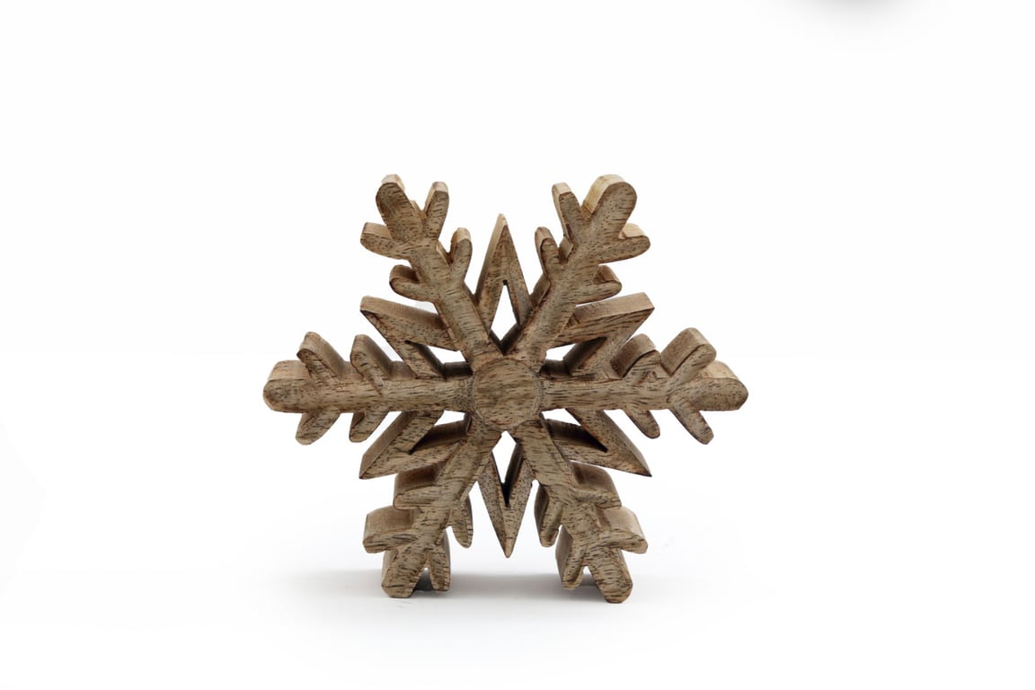 Mango Wood Free-Standing Snowflake Decoration - Natural Wooden Home Decor