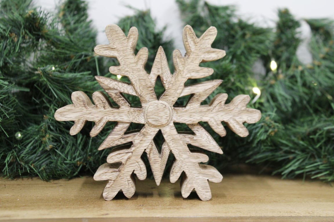 Mango Wood Free-Standing Snowflake Decoration - Natural Wooden Home Decor