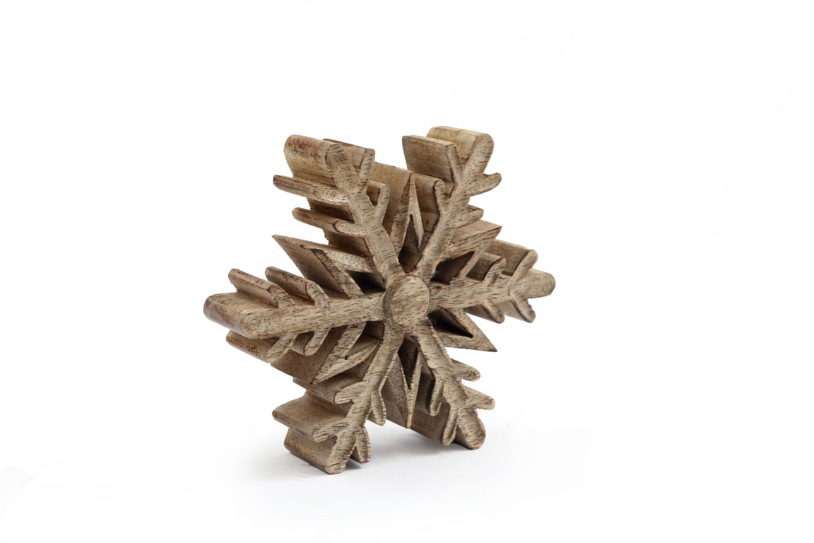 Mango Wood Free-Standing Snowflake Decoration - Natural Wooden Home Decor