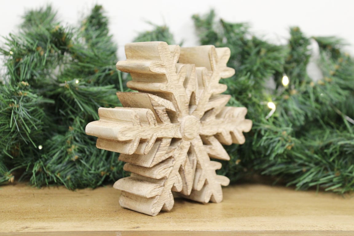 Mango Wood Free-Standing Snowflake Decoration - Natural Wooden Home Decor