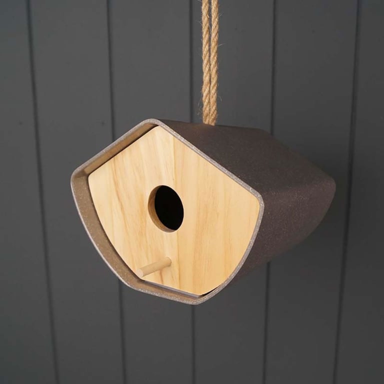 Earthy Anthracite Bamboo Japandi Birdhouse - Sustainable 100 Vegan Friendly Outdoor Hanging Home Decor
