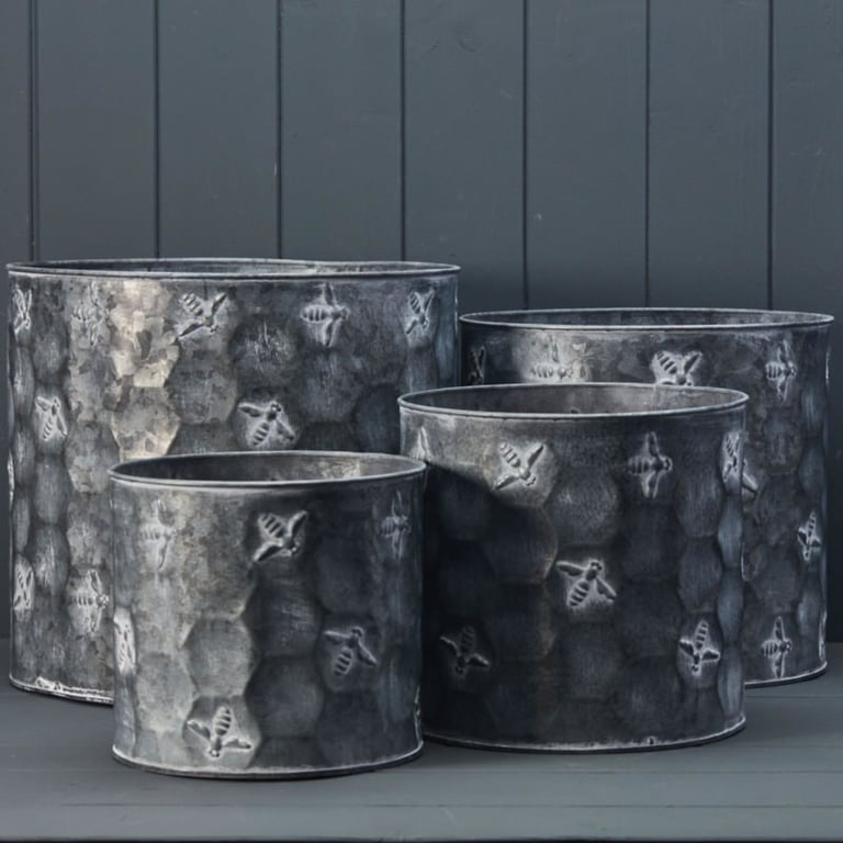 Vintage Zinc Cylinder Bee Planters Set - Durable & Stylish Garden Decor