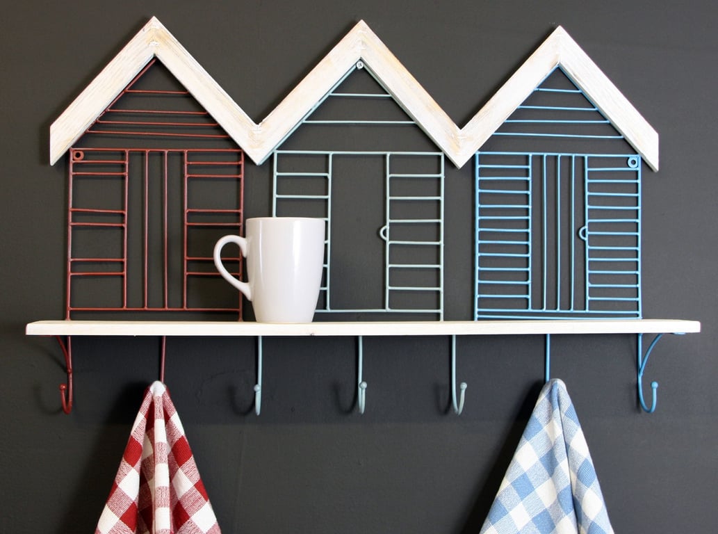 Beach Hut Wall Hooks With Shelf - Driftwood Style Storage & Organizer