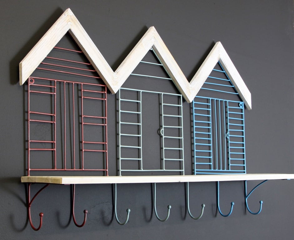 Beach Hut Wall Hooks With Shelf - Driftwood Style Storage & Organizer
