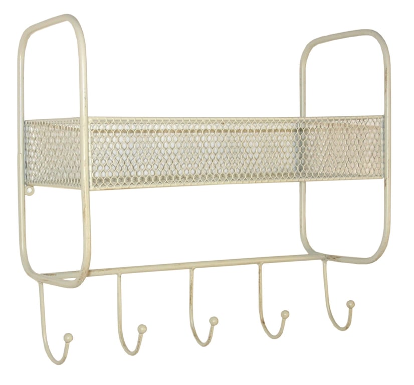 Mesh Wall Shelf With 5 Hooks - Antique Cream Industrial Storage Basket