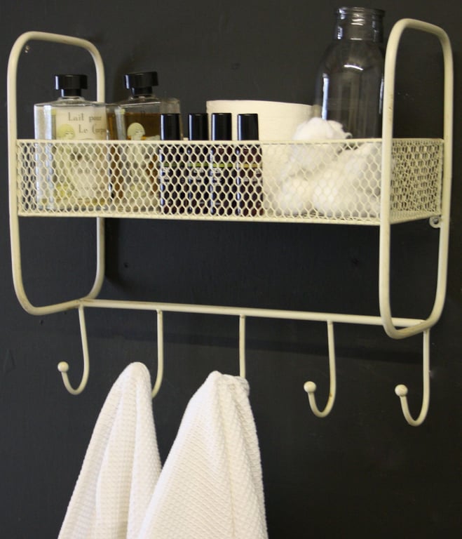 Mesh Wall Shelf With 5 Hooks - Antique Cream Industrial Storage Basket
