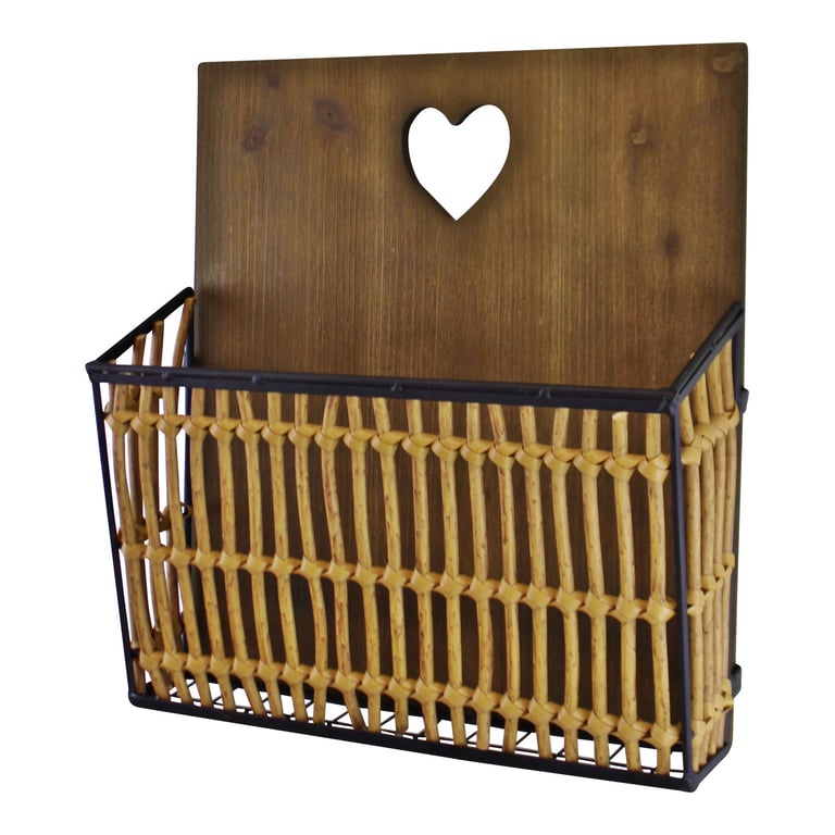 Metal Wicker Wall Hanging Magazine Rack with Heart Design Backboard