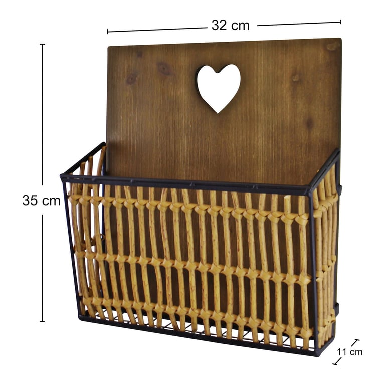 Metal Wicker Wall Hanging Magazine Rack with Heart Design Backboard
