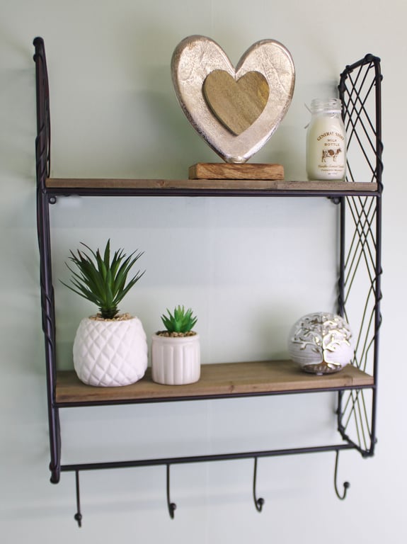 Industrial Style Wall Shelving Unit with Coat Hooks - Rustic Metal Framed Wooden Shelves