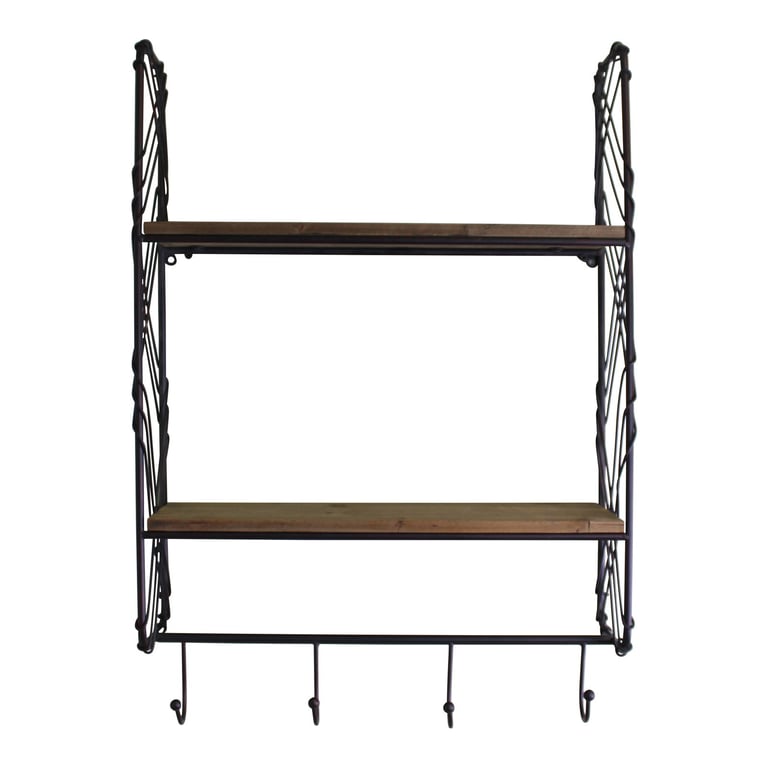 Industrial Style Wall Shelving Unit with Coat Hooks - Rustic Metal Framed Wooden Shelves