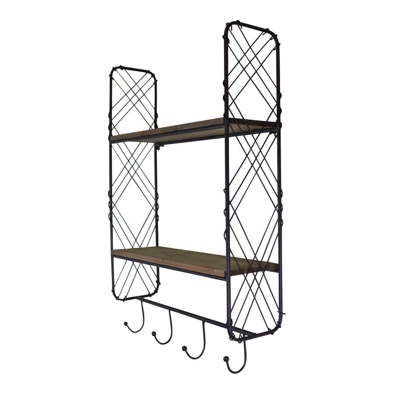Industrial Style Wall Shelving Unit with Coat Hooks - Rustic Metal Framed Wooden Shelves