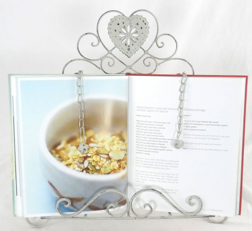 Grey Heart Metal Cookbook Holder with Distressed Finish and Ornamental Chains
