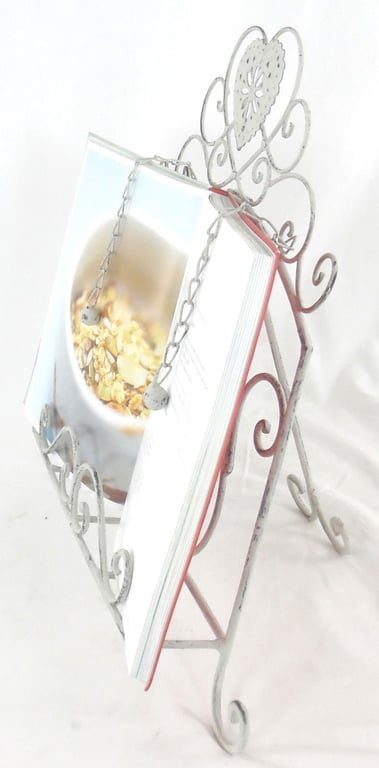 Grey Heart Metal Cookbook Holder with Distressed Finish and Ornamental Chains