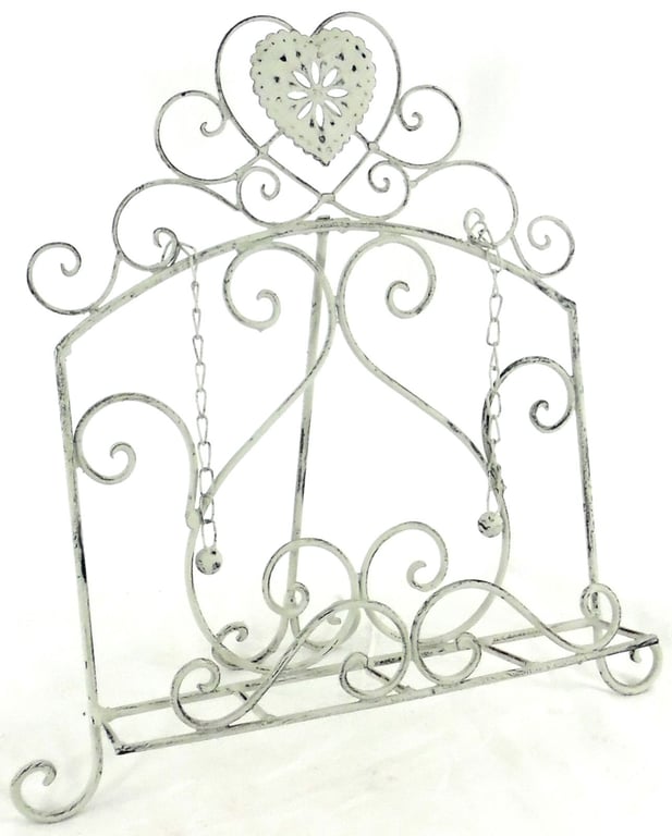 Grey Heart Metal Cookbook Holder with Distressed Finish and Ornamental Chains