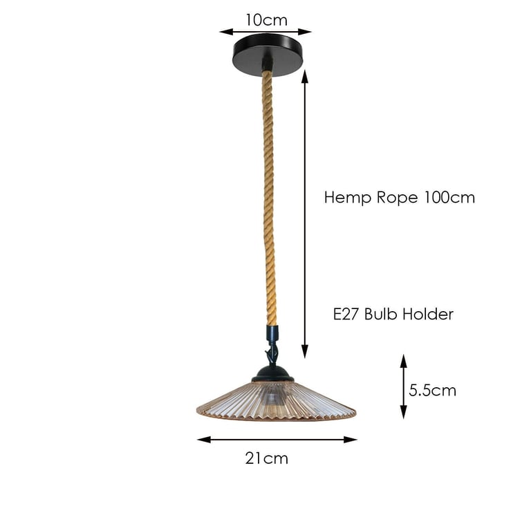 Vintage Industrial Glass Lampshade - Edison Bulb Pendant Light with Hemp Rope Detailing
