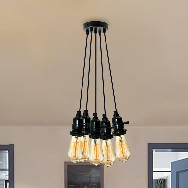 Multi-Way Black Modern Ceiling Pendant Fitting LED Light Bulb Fixture - Adjustable E27 Switch Light
