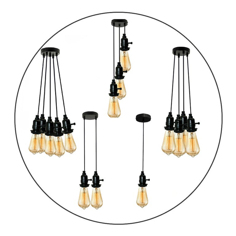 Multi-Way Black Modern Ceiling Pendant Fitting LED Light Bulb Fixture - Adjustable E27 Switch Light