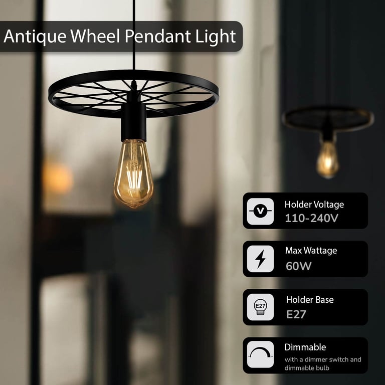 Retro Wheel Pendant Light - Industrial Vintage Style Adjustable Height E27 Base Lamp