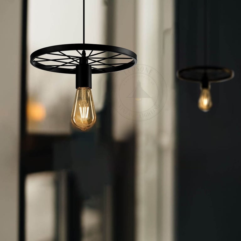 Retro Wheel Pendant Light - Industrial Vintage Style Adjustable Height E27 Base Lamp