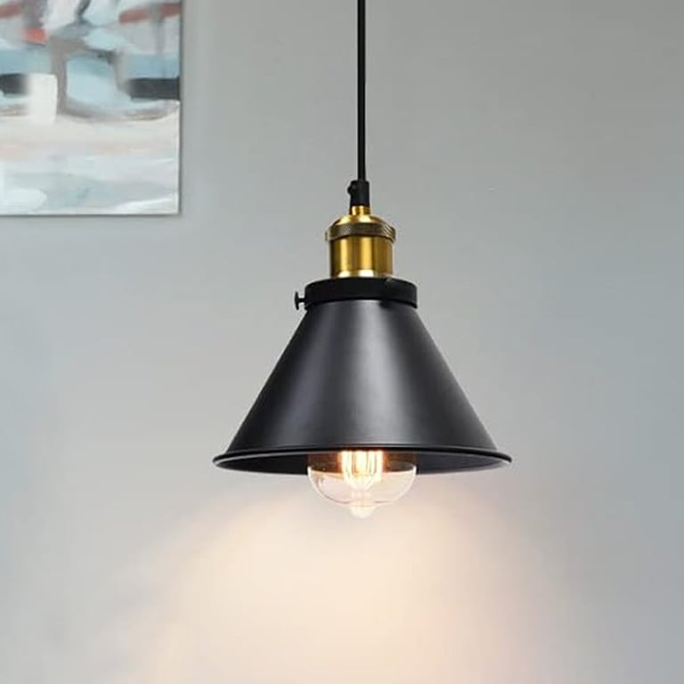 Industrial Vintage Retro Loft Metal Ceiling Pendant Lamp E27 Holder - Matte Black Finish with Brushed Brass Details