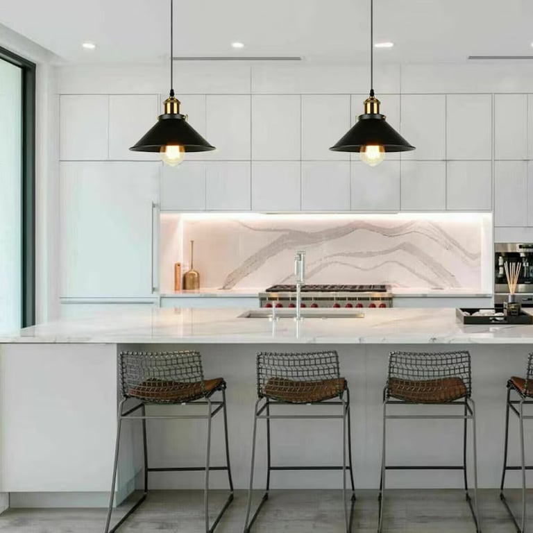 Industrial Vintage Retro Loft Metal Ceiling Pendant Lamp E27 Holder - Matte Black Finish with Brushed Brass Details